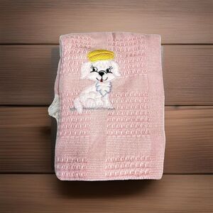 Hand Knitted Crochet Pink & White Fringe Baby Blanket with Puppy Dog 34" x 43"
